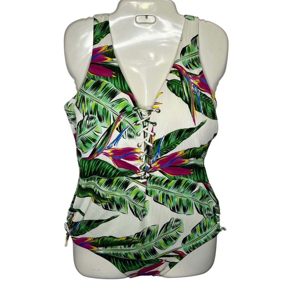 Coastal Waves One Piece‎ Swimsuit Floral Lace Up Ribbed White Size 16